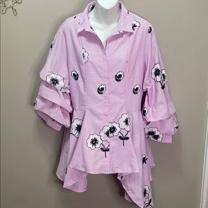 NWT Gracia pink & white striped embroidered asymmetrical top Sz L